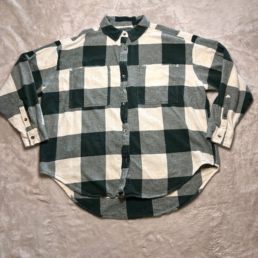 Aerie Anytime‎ Fave Flannel Shirt Womens M Green White Plaid Oversized Button Up